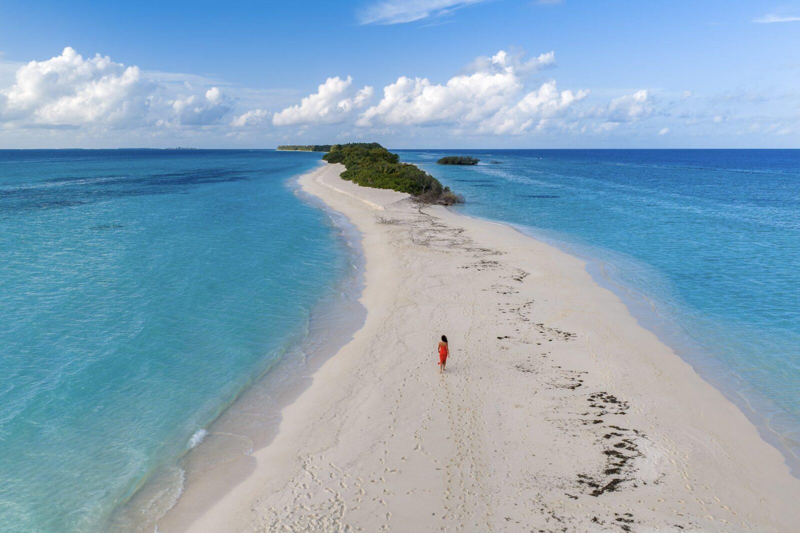 A person walking along a sandbank in the shallows near Dhigurah